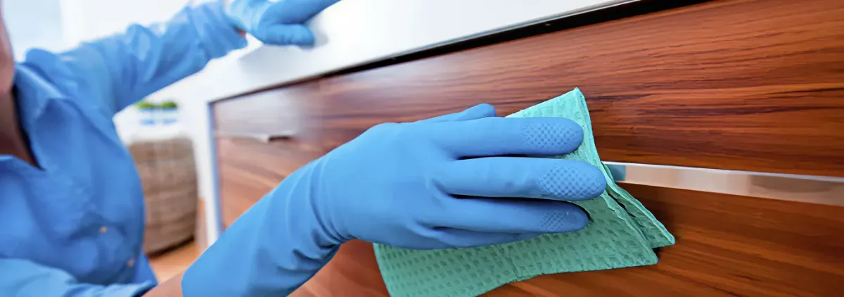 Cleaner wearing blue gloves wiping a wooden cabinet drawer with a microfiber cloth for dust and grime removal, Atlanta, GA.