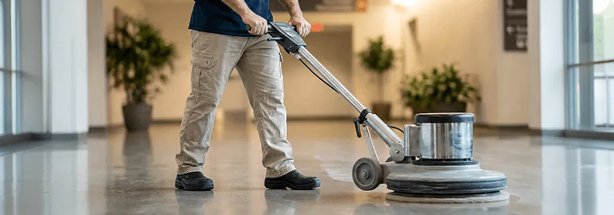 Professional technician using an industrial floor buffer to polish and maintain shiny commercial flooring in a corporate hallway in Atlanta, GA.
