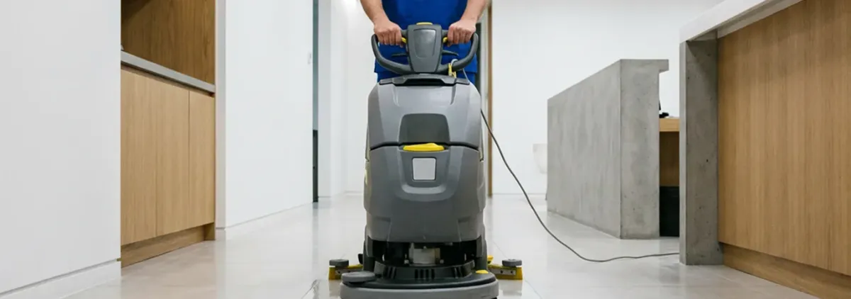 Janitorial staff using a floor scrubber machine to clean a commercial hallway, Atlanta, GA.