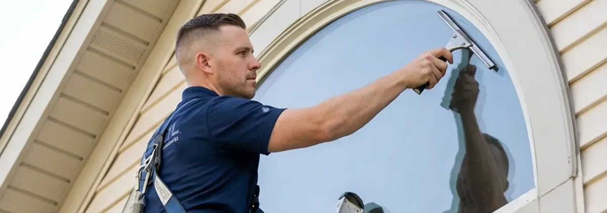 Professional window cleaner using a squeegee to clean an exterior arched window on a home, Atlanta, GA.