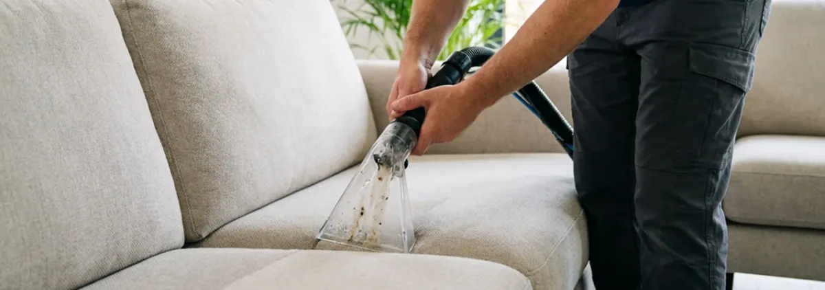 Technician extracting dirt and moisture from a fabric sofa with an upholstery cleaning wand, Atlanta, GA.